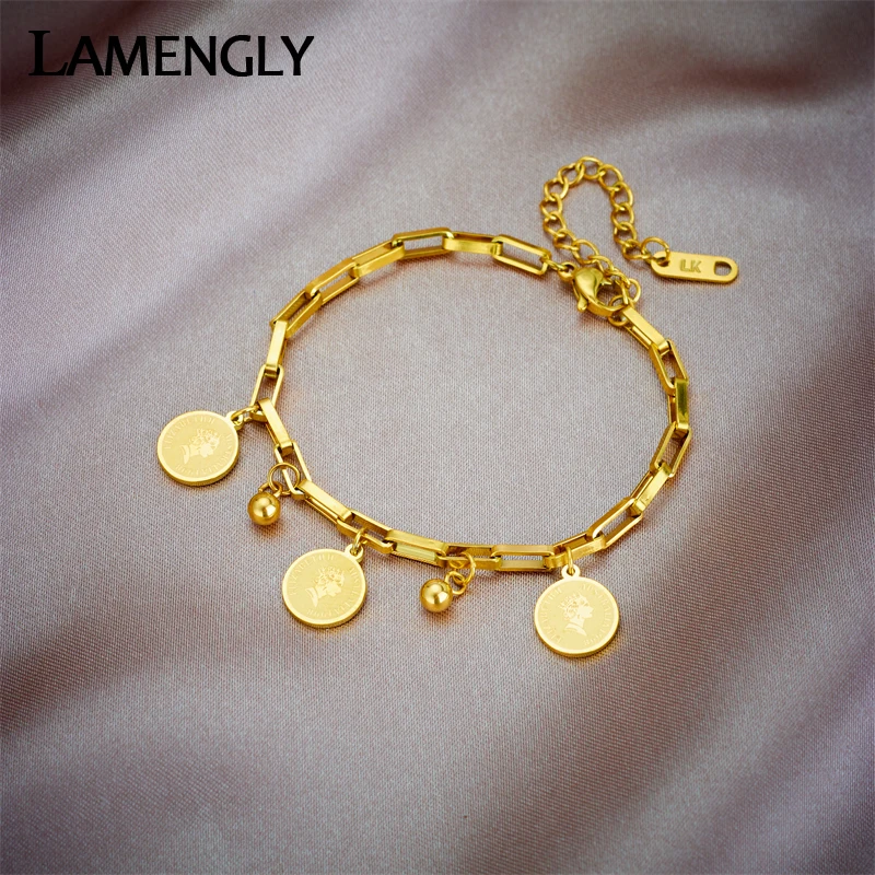 LAMENGLY 316L Stainless Steel Round Portrait Coin Charm Bracelet For Women New Trendy Geometric Bangles Jewelry Birthday Gifts