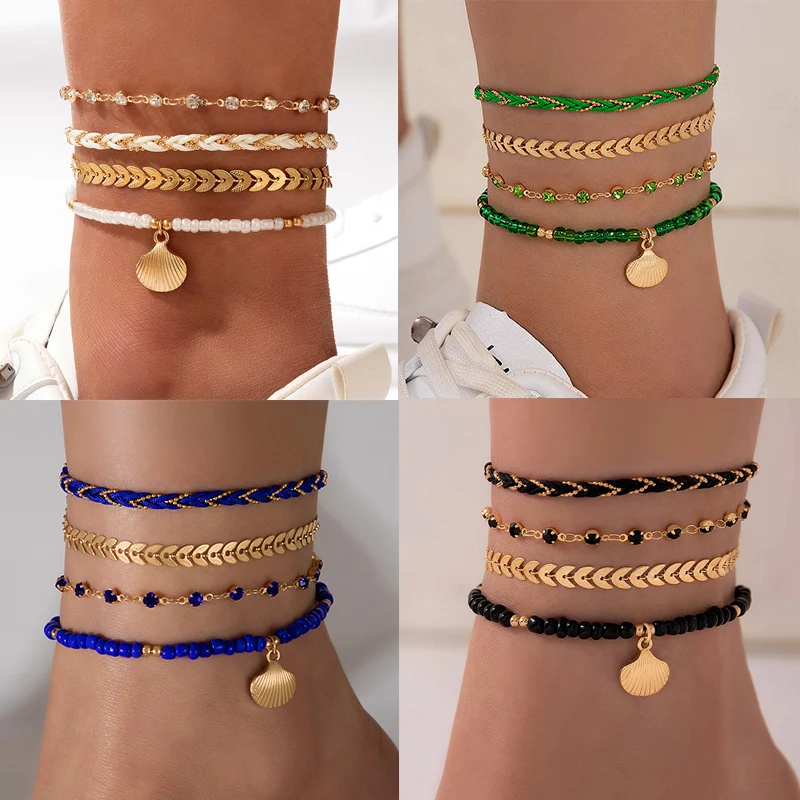 Tocona Colour Beaded Weaving Shell Pendant Anklets for Women Bohemian Leaf Multilayer Foot Chain 4pcs/Set Summer Beach Jewelry