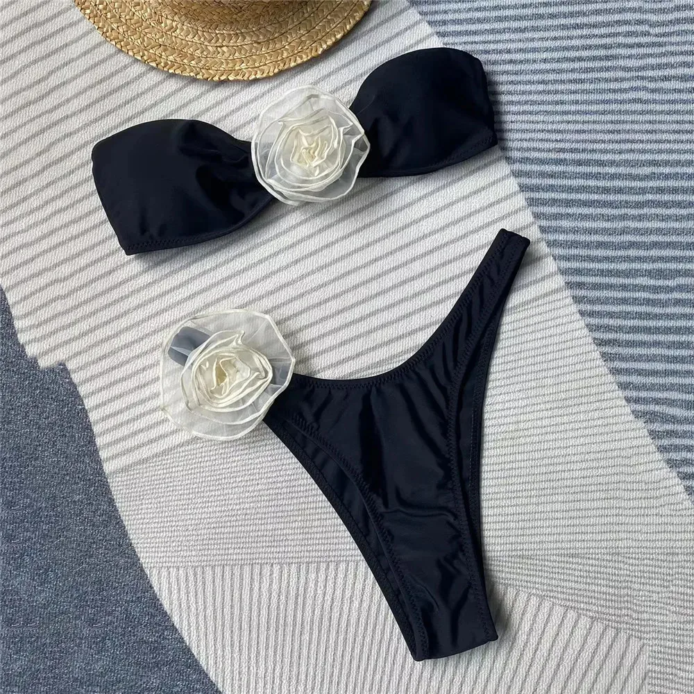 3D Flower Bandeau Bikinis Sets Swimwear Thong Sexy Swimsuit Women High Cut Bathing Swimming Wear Suit Bikinis 2026 De Muejr