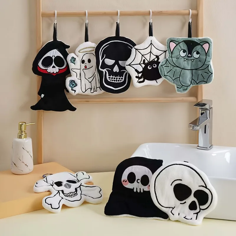 4PCS Thick Coral Fleece Halloween Skull Hand Towel Creative Hanging Towel Homestay Bathroom Halloween Themed Decor Small Towel