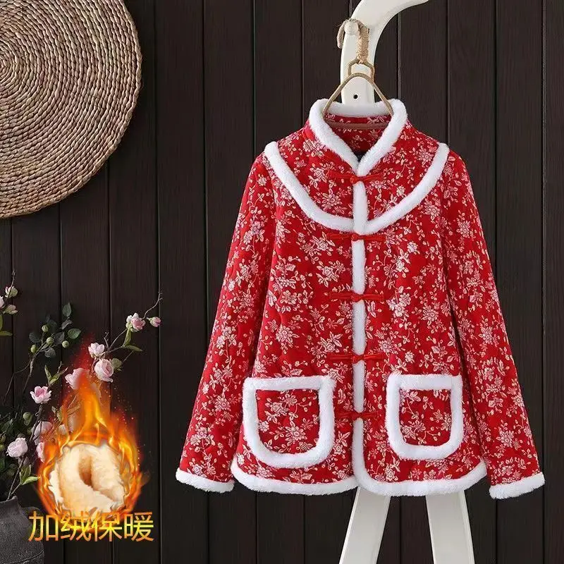 Women's Autumn Winter Fashion Elegant Standing Collar Long Sleeved Printed Cotton Clothing Casual Versatile Ethnic Style Tops