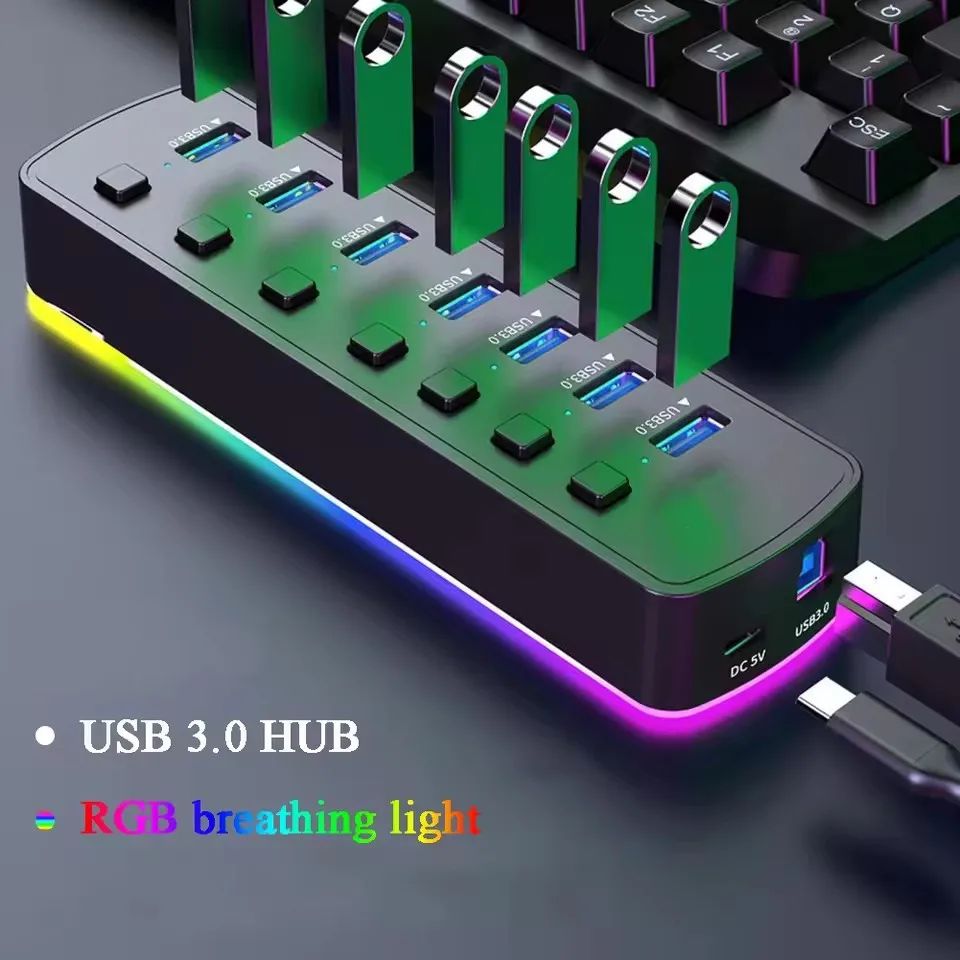 

RGB USB 3.0 Hub 7 Ports Data Port Adapter 5Gbps Individual On/Off Switch Splitter Gaming USB Hub For Laptop PC Computer Accessor