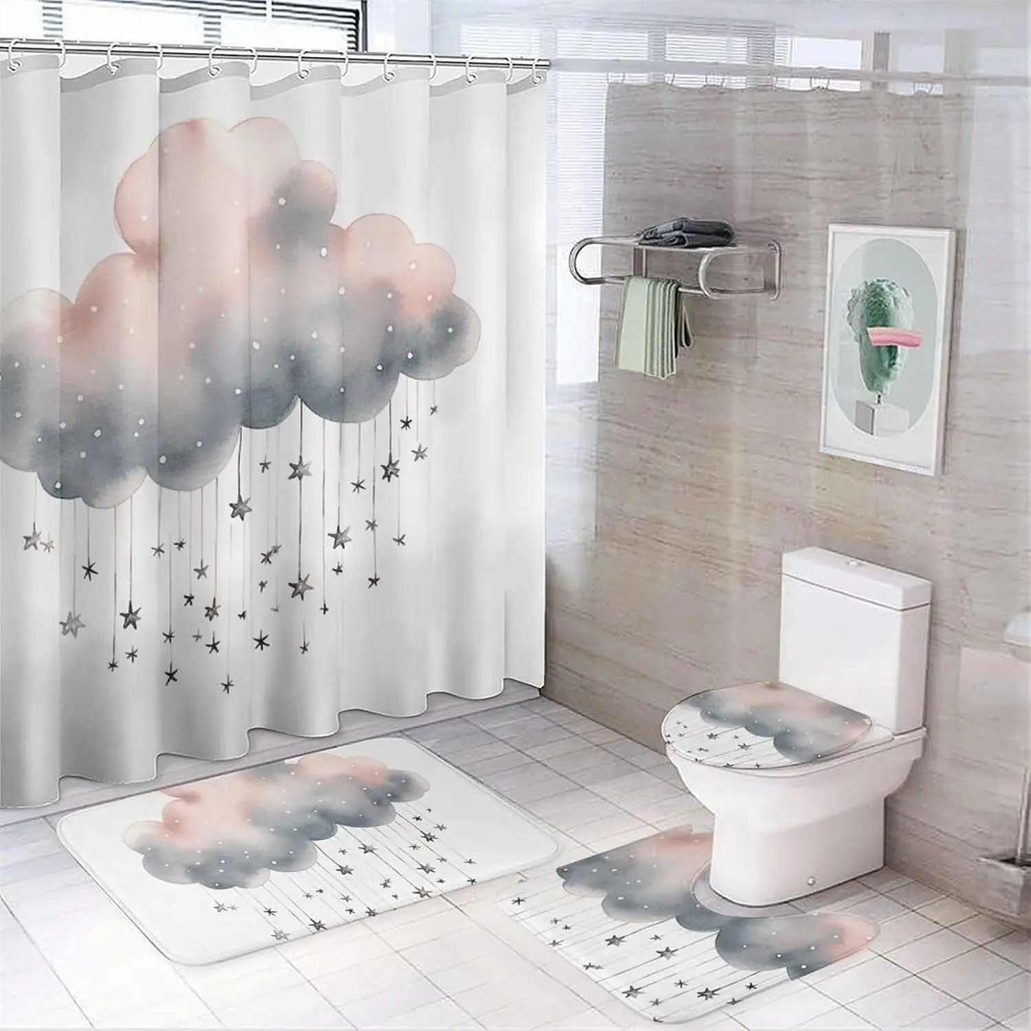 

Набор штор для душа «Звезды и облака» из 4 предметов с нескользящими ковриками, крышкой для унитаза и ковриком для ванной Мягкий водонепроницаемый ковер для ванной комнаты