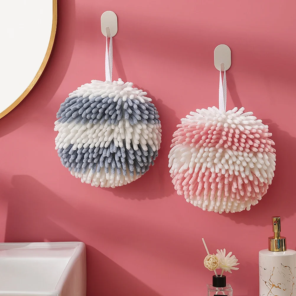 

2Pcs Chenille Hand Towel Ball Shape Hanging Hand Towels Fast Drying Absorbent Kitchen Bathroom Household Ball Towel