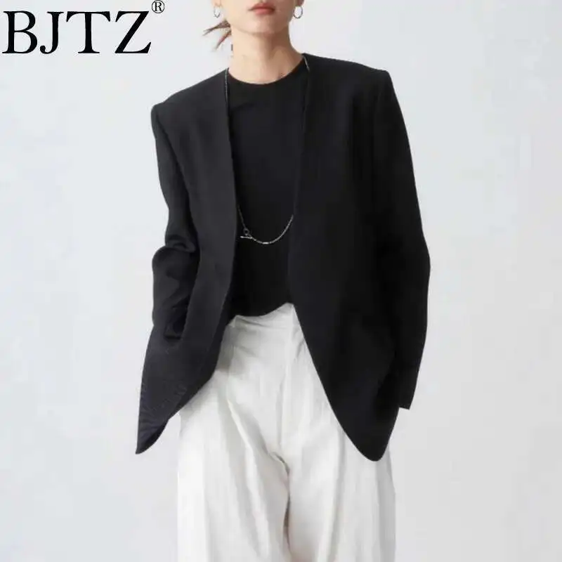 

BJTZ Collarless Slimming Versatile High-end Black Casual Tops Minimalist Blazer Jacket For Women 2025 Spring Summer New