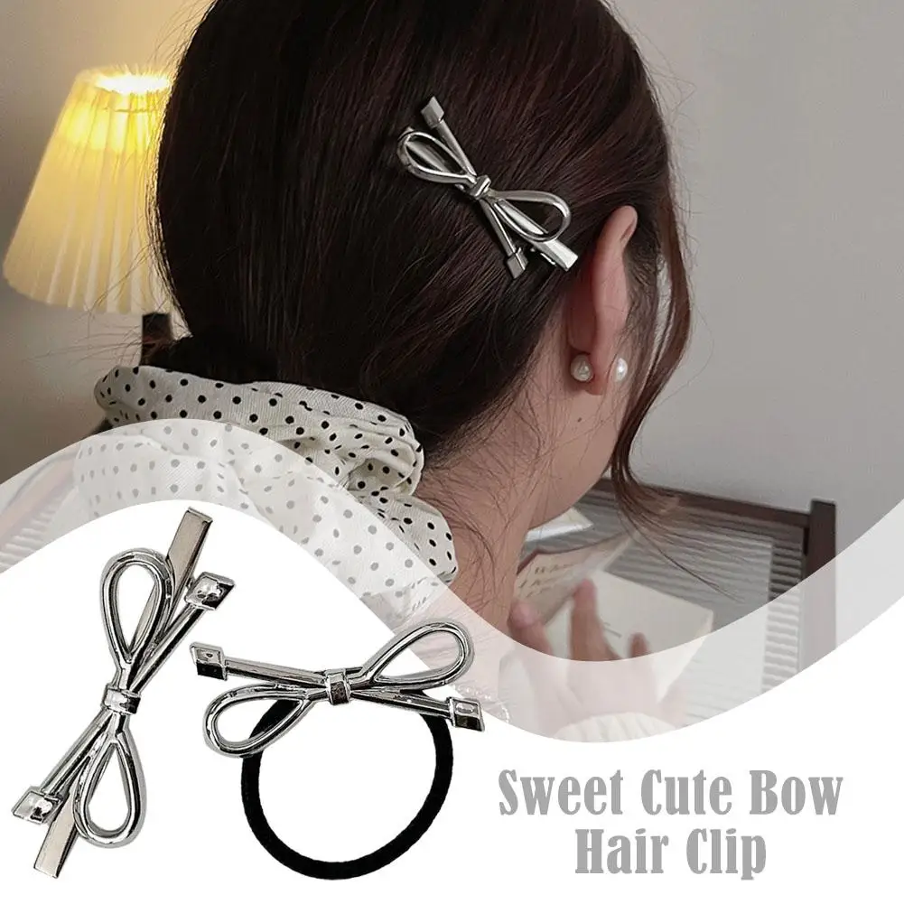 Silver Bow Hairpin High-grade Korean Style Simple Temperament Side Duckbill Jewelry Women's Accessories Hair Clip Hairpin I0R7