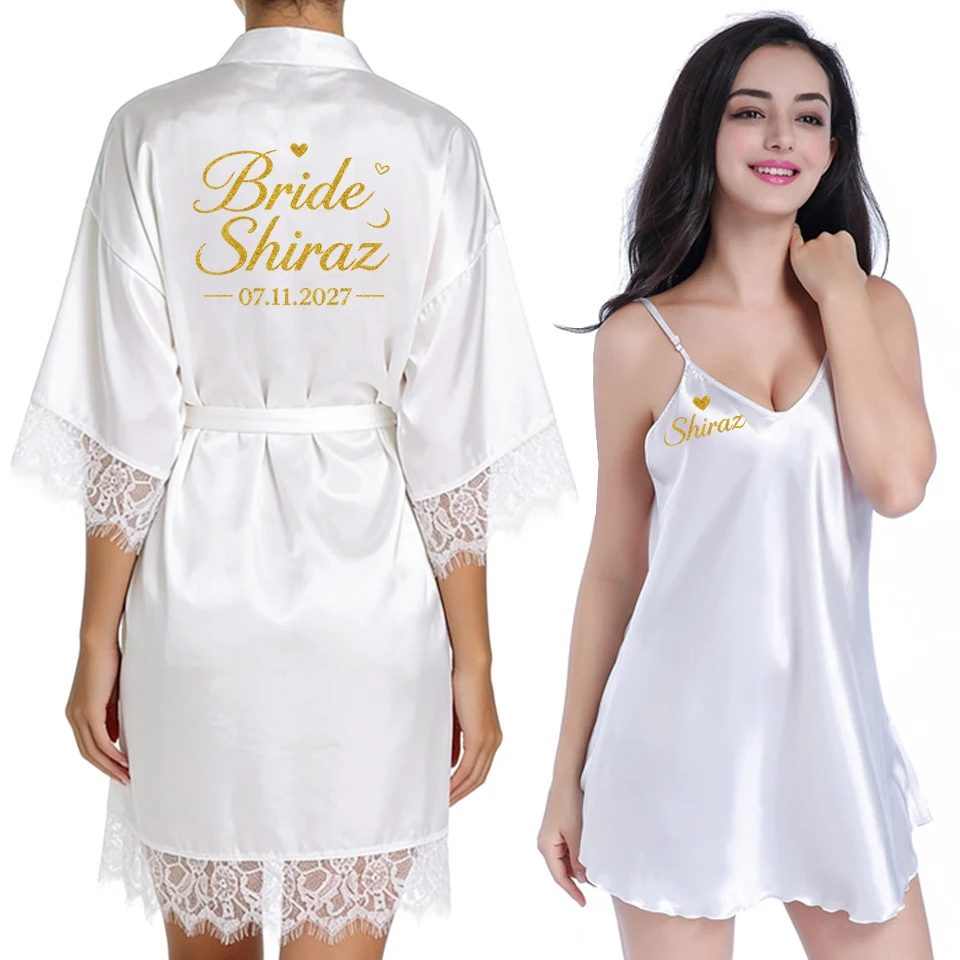 Personalized Bride 2‑Pcs Satin Robe Set Custom Name Date Lace Bridal Dressing Gown Camisole Nightgown Wedding Morning Robe Bache