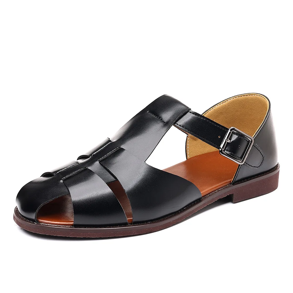 

New Designer Toe Cover Cow Leather Sandals Men Solid Color Big Size Fashion Casual Sandals Male Buckle Designer Summer Shoes Man