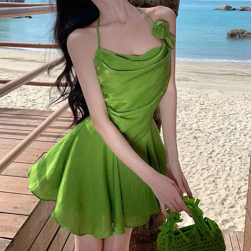 Miiiix Vacation Style Swing Collar Suspender Dress 2024 Women's Summer Green Atmosphere Beach Short Dresses Female Clothing