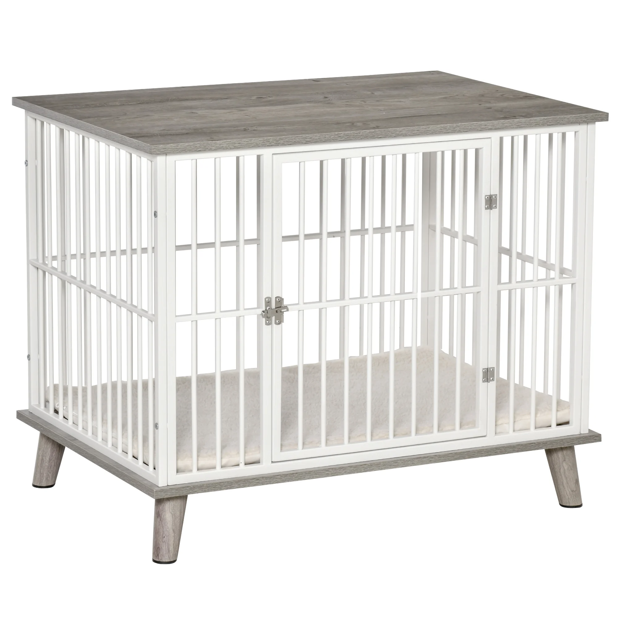 PawHut wooden dog cage 86x60x70 cm kennel with storage table surface latch door raised legs and white steel grates