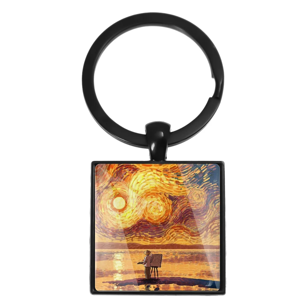 Oil Painting Art Van Gogh The Starry Night HD Printing Photo Square Keychain Backpack Decoration Jewelry Key Ring Wholesale Gift - view 2