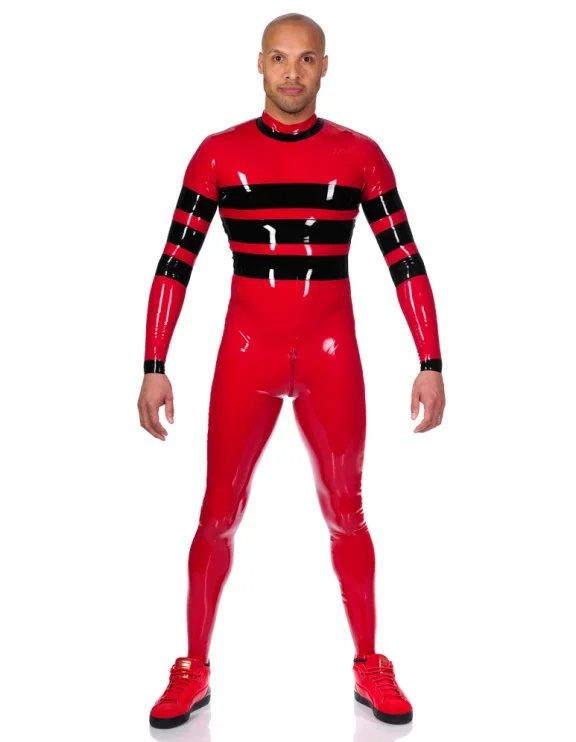 Latex Rubber Black Stripe Red Bodysuit Tight Suit Polishing Outfit Zip   Sport  Overall Catsuit