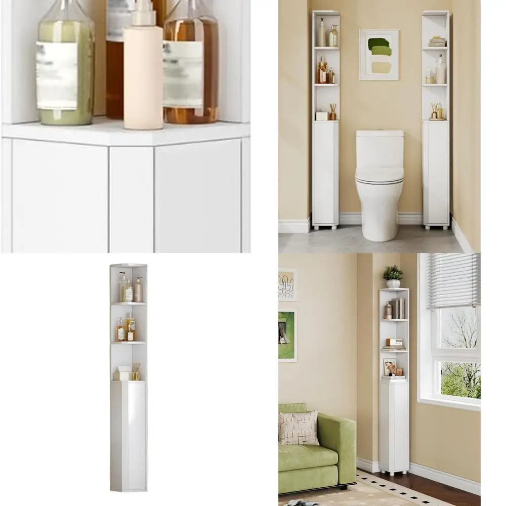 

White Tall Corner Cabinet for Bathroom with Adjustable Shelves and Door for Small Spaces Storage