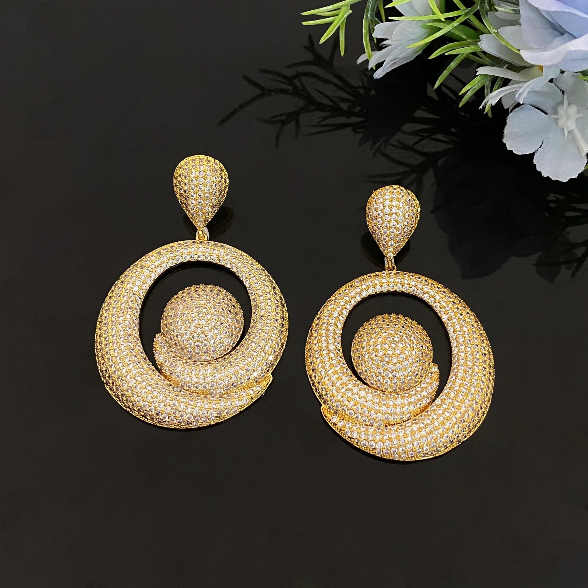 JRH Dubai Gold Plated Circle Pendants 2-Piece Set with Micro-Inlaid Zircons Luxury Jewelry for Women or Parties