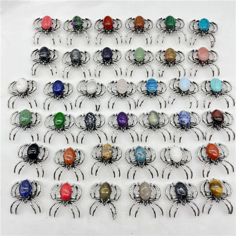 Natural Gem Stone Quartz Crystal Animal Spider Insect Archaize Silver Pendant Brooch Dual-use Jewelry Making Accessories 6pcs