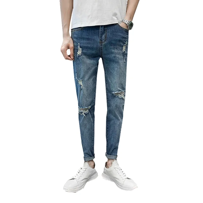 Men Jeans Blue Cool Skinny Knee Hole Ripped Stretch Slim Elastic Denim Pants Solid Color High Street Style Man cotton Trousers