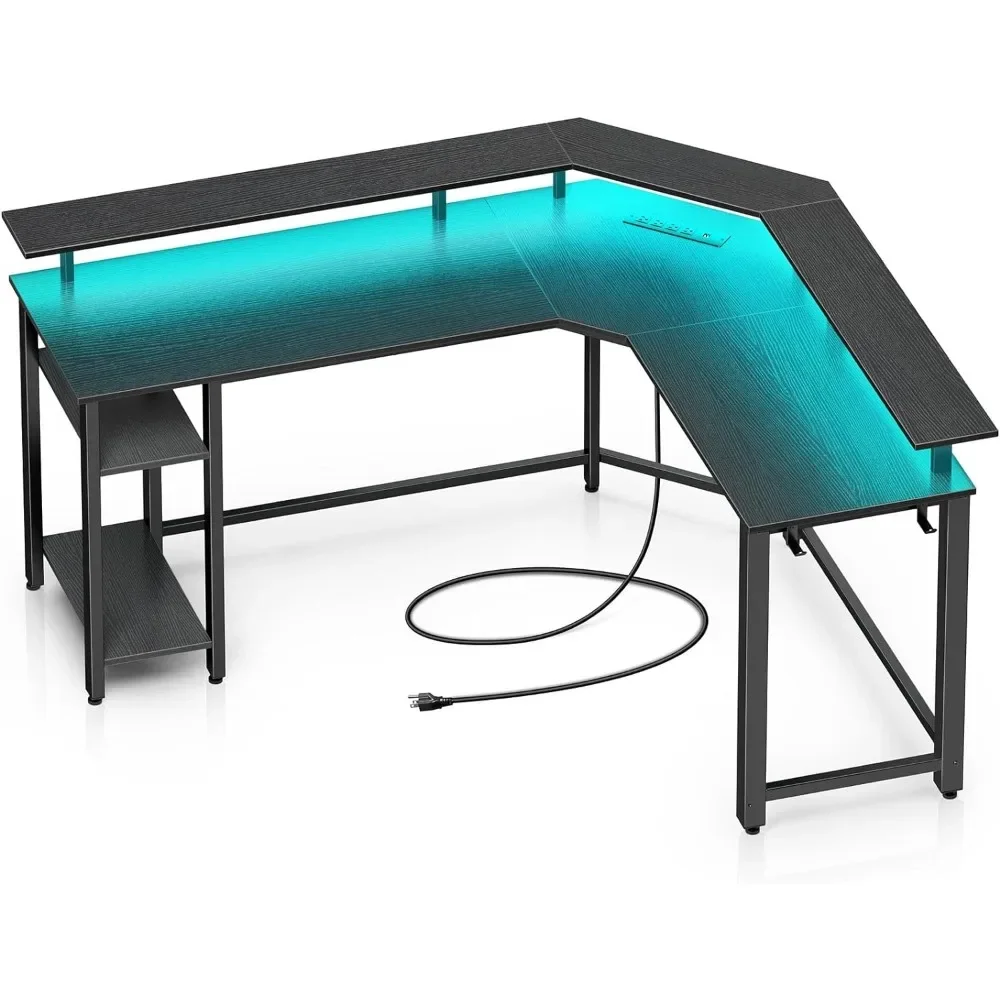 

L Shaped Gaming Desk with LED Lights & Power Outlets with Full Monitor Stand & Storage Shelf Carbon Fiber Desk Reversible