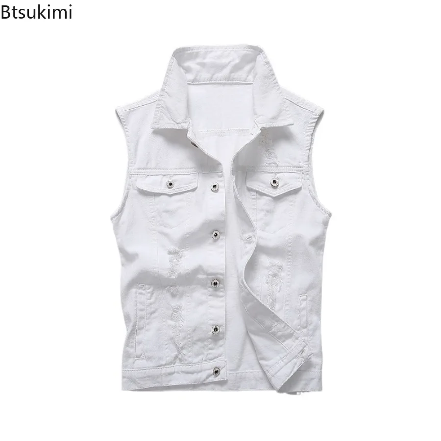 2024 New Men's White Denim Vest Vintage Sleeveless Casual Pure Cotton Vest Jackets Washed Jeans Waistcoats Male Trend Streetwear