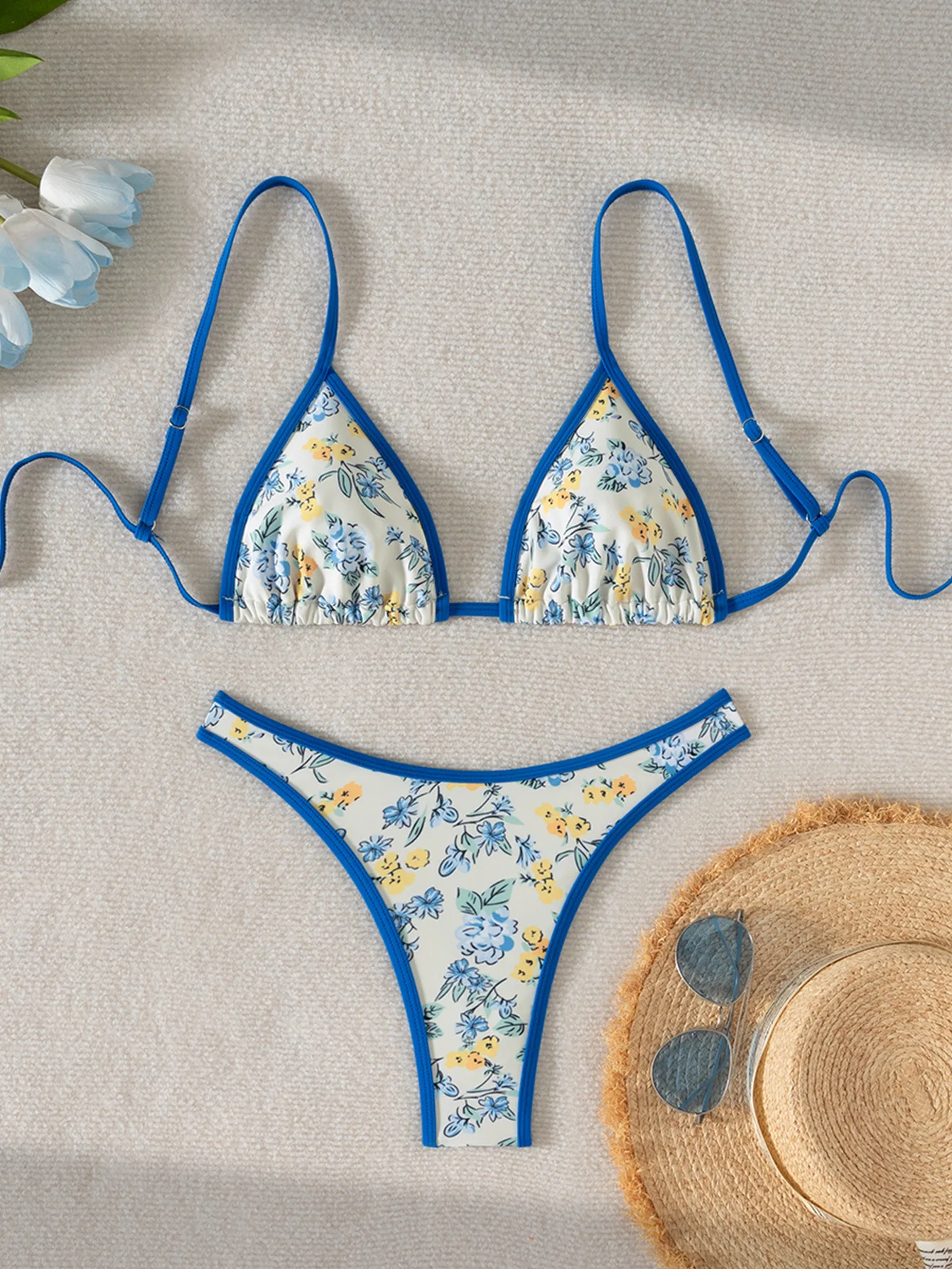 

Bikini Set Women Flower Print 2 Piece Swimsuit Triangle Suspender Halter Backless Swimwear Beach Vacation Bathing Suit 2025 New