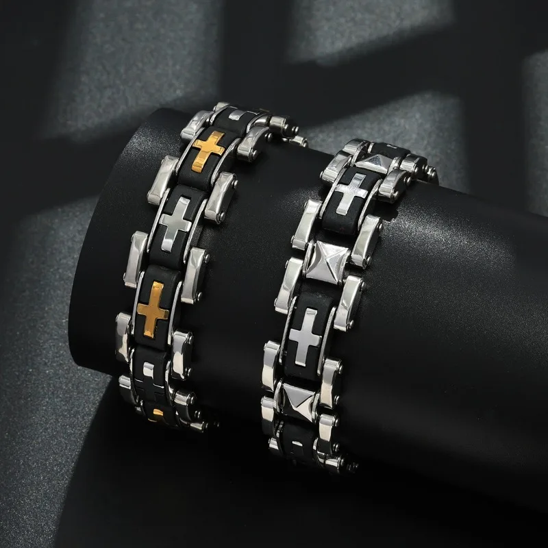 

Retro checkered bracelet, minimalist cross stainless steel trendy male punk bracelet, Halloween jewelry gift