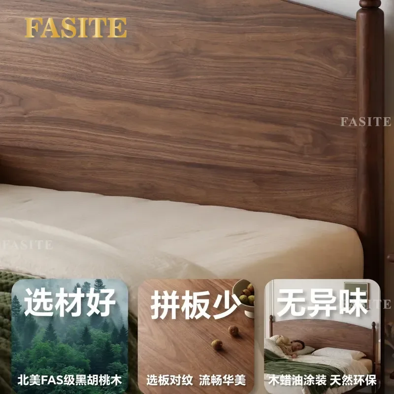 French Retro Black Walnut Solid Wood Bed Frame 1.8m Double Platform Bed Simple American Style Bedroom Furniture No Assembly