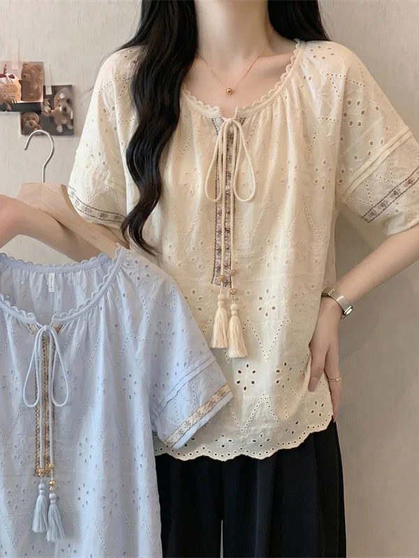 

plus Size Casual Style Lace Short Sleeve Shirt Loose Fit Breathable Comfortable Summer Fashionable Versatile Big Size Top