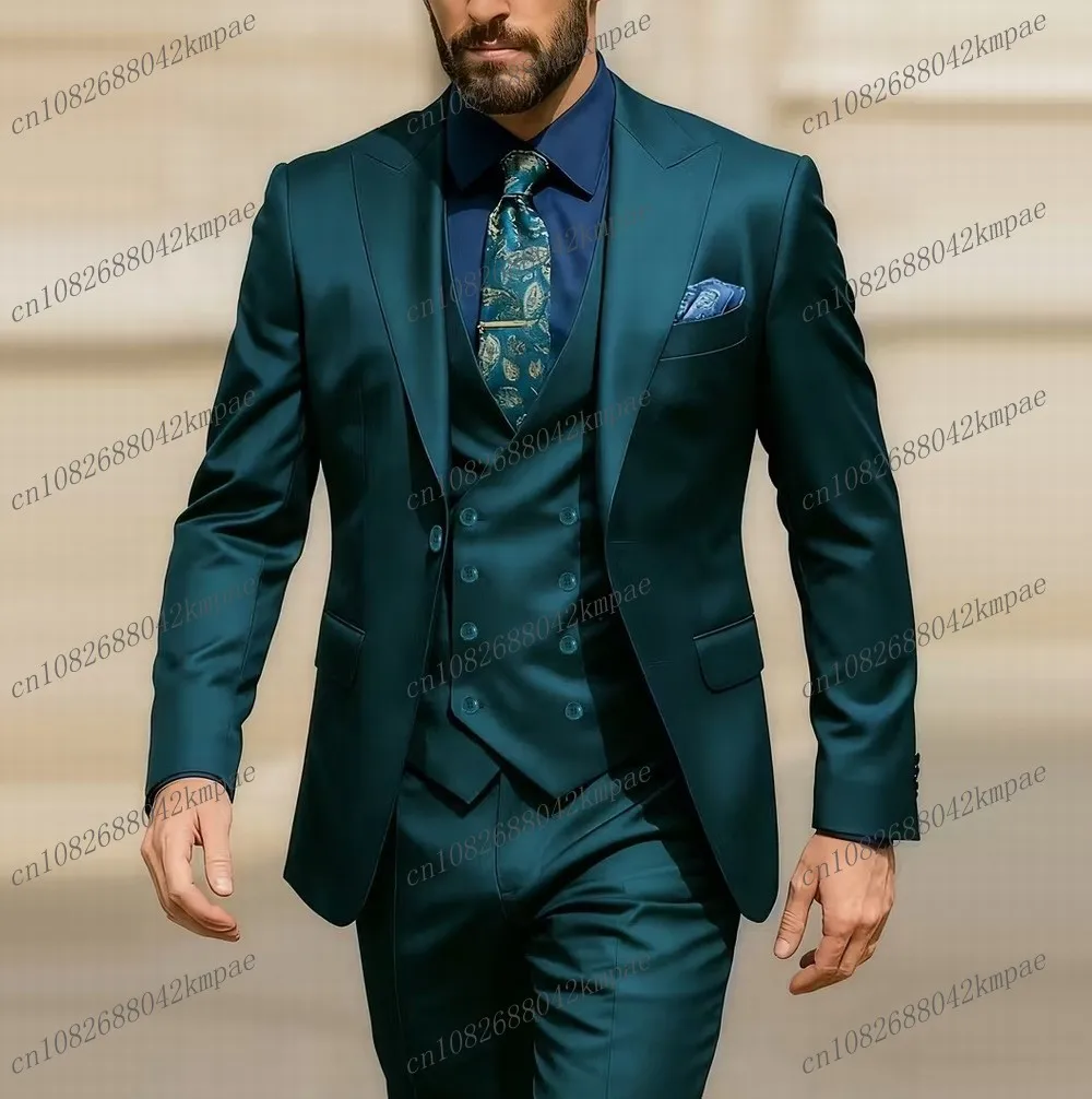 

New Peacock Blue Acetate Satin Formal Men Suit Groom Wedding Party Prom Business Male Tuxedos 3 Piece Set Blazer Vest Pants