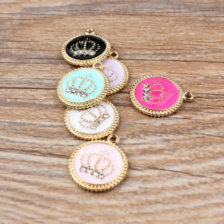 10pcs/lot Enamel Oil Dripping Alloy Small Pendant Bracelet  Accessories Point Rhinestone Crown Disc