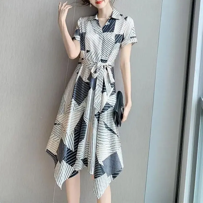 

Summer Polo-Neck Stylish Irregular Hem Dresses Casual Striped Spliced Women's Clothing A-Line Drawstring Asymmetrical Midi Dress