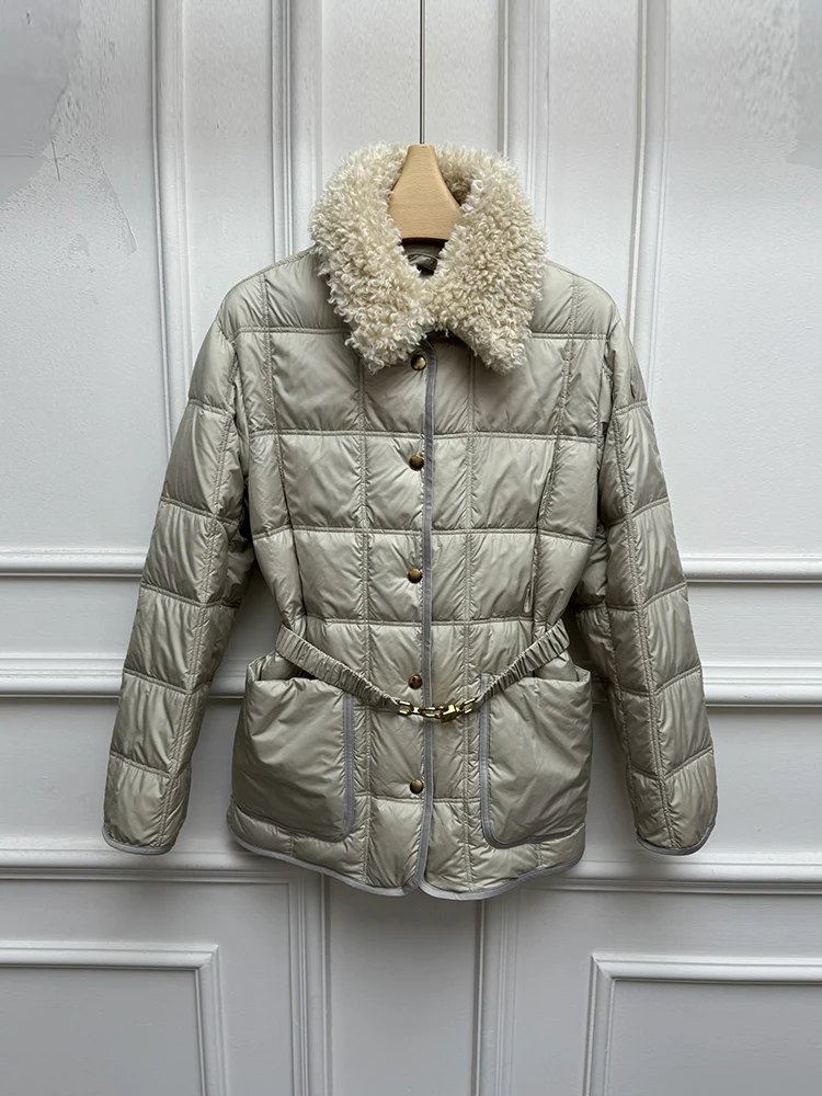 Autumn Winter Fashion Outdoors Warm Simplicity Down Jacket Women's Fur Plush Turn-down Collar Long Sleeve Belt Slim Jacket