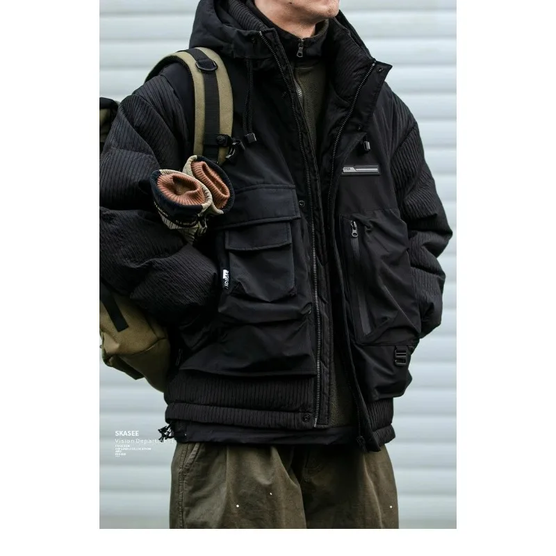 Winter outdoor patchwork design sense workwear hooded down cotton-padded jacket men's trendy brand loose thick large-sized coat