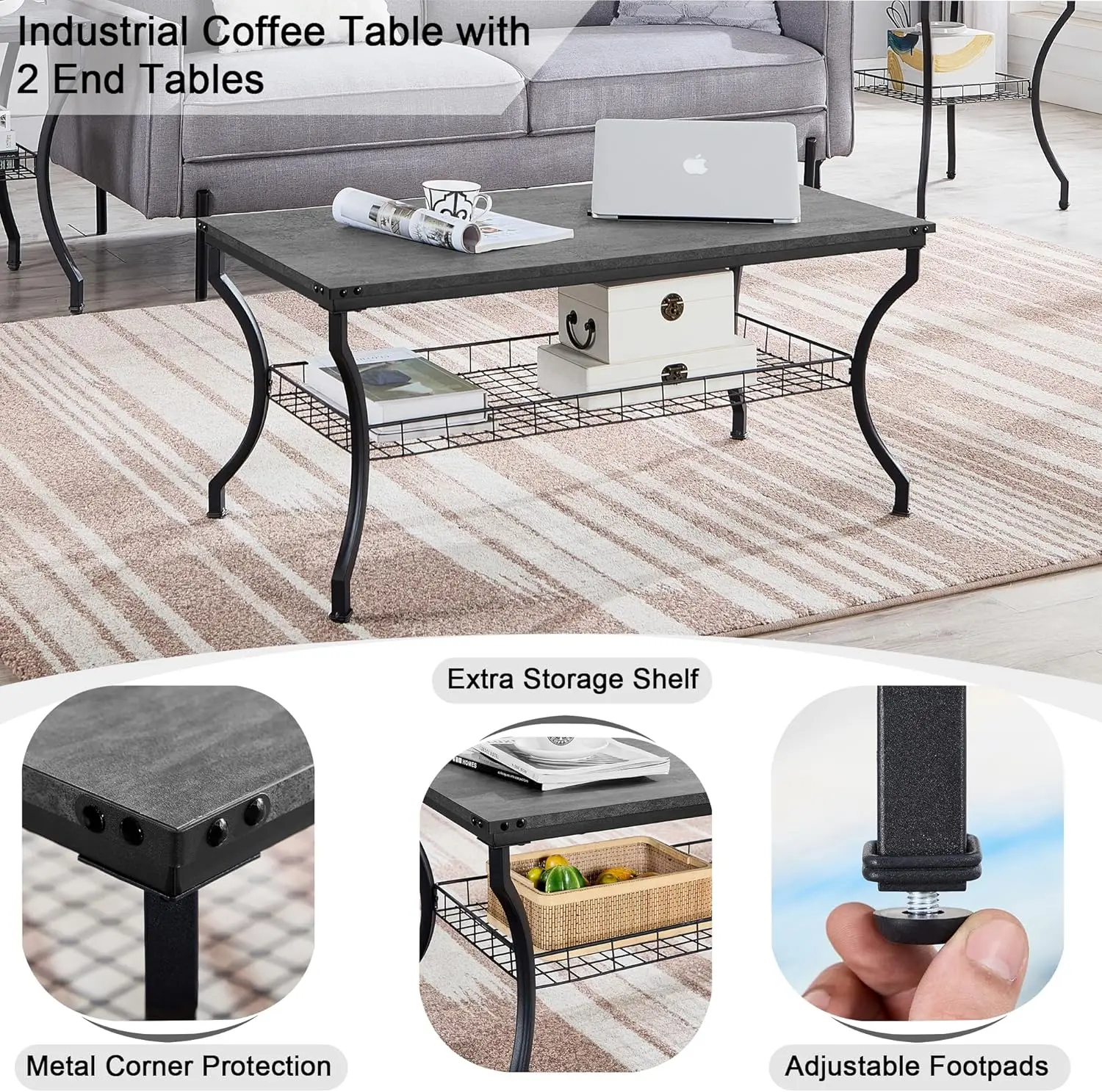 Barang Baru! 3 Set Meja Ruang Tamu, Meja Kopi dan Meja Samping dengan Rak Penyimpanan Terbuka untuk Apartemen, Kantor Rumah, Ukuran Kecil