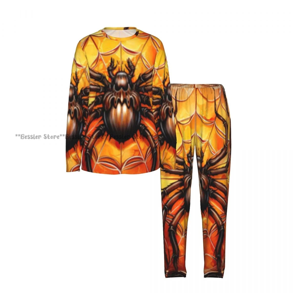 2 Piece Women Round Neck Pajamas Set Long Sleeve Long Pants Spider In The Web With Autumn Leaves Homewear Casual Daily Sleepwear