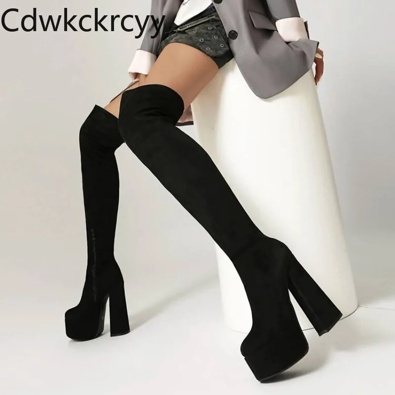 Herbst Winter Neue stil, mode mit hohen absätzen Frauen Stiefel Solide Runde kopf party sexy Über die knie Platz ferse frauen Stiefel