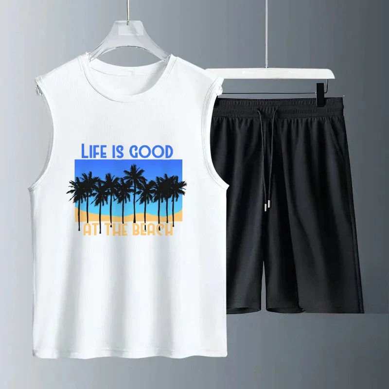 

2025 повседневные мужские комплекты, летняя повседневная одежда без рукавов с принтом кокосовой пальмы, дышащая, удобная, модная, роскошная мужская одежда