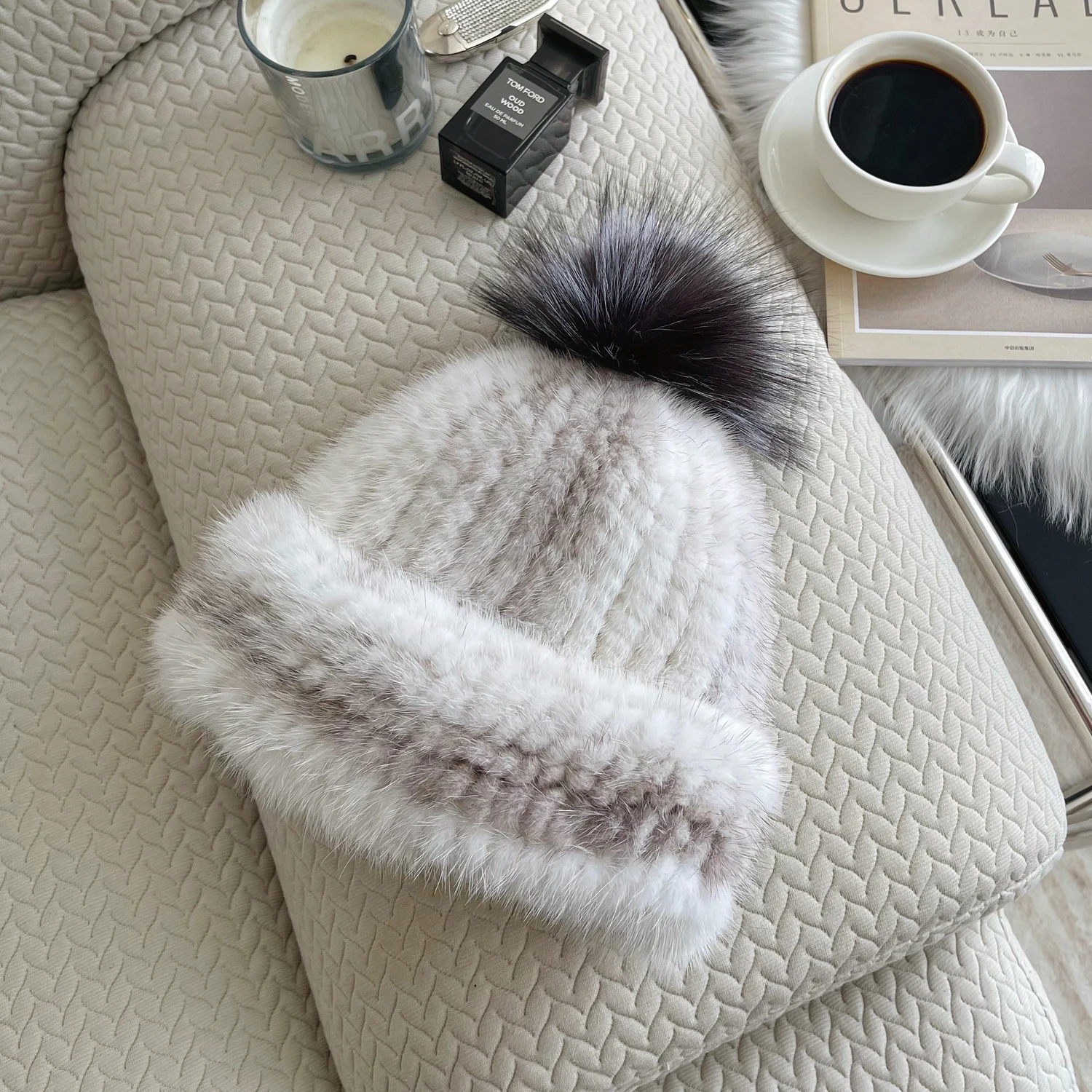 2024 New Women Winter Mink Fur Hats Knitted Real Mink Silver Fox Fur Ball Caps Female Russian Warm Beanies Hat Fur Hat