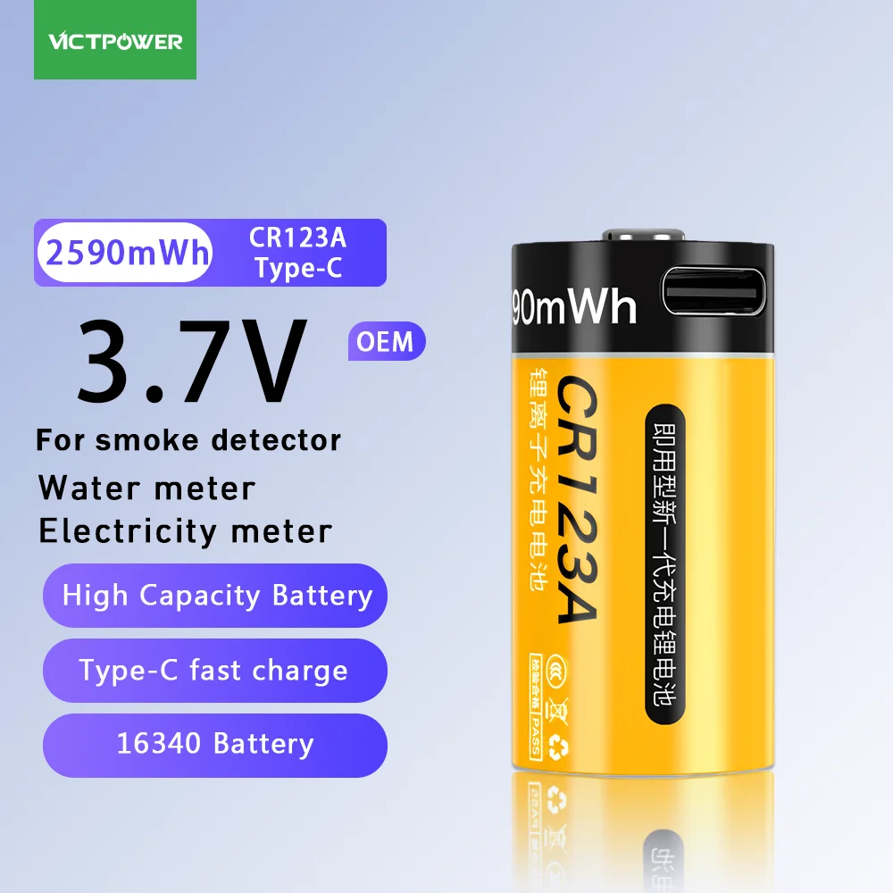 Victpower CR123A lithium battery Type-C USB rechargeable battery 3.7V 700mAh 16340 battery For smoke alarm water meter