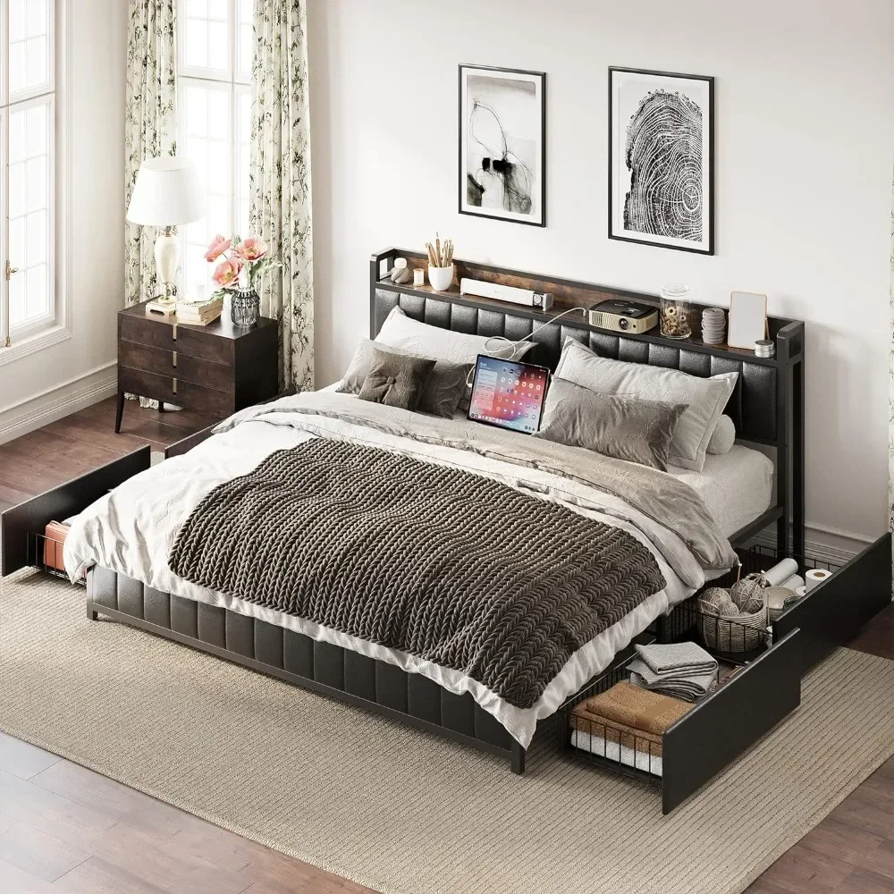 

King/Queen Bed Frame with Storage Drawers Headboard & Footboard, Upholstered Platform Bed with USB Ports & Outlets,Black