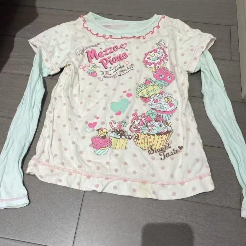 

Y2K Patchwork T Shirts Women Aesthetic Polka Dot Casual Tops Japanese Fake Two Pieces Cartoon Print Harajuku Fairy Kawaii Tees