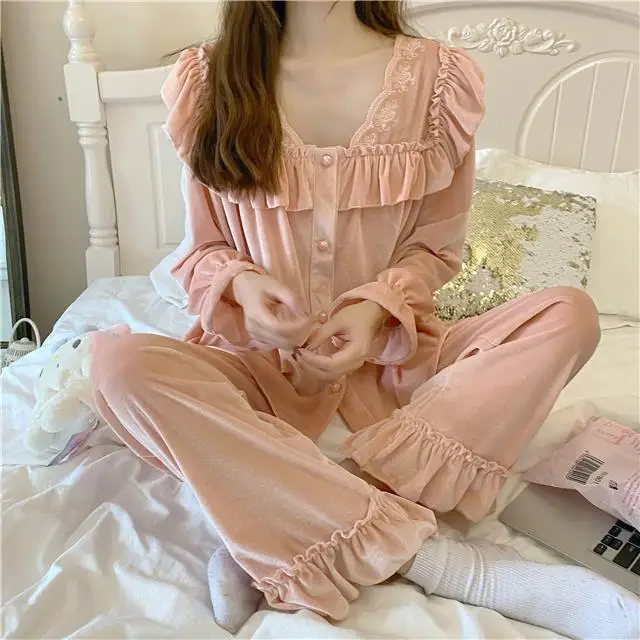 Velvet Nightgown Sleepwear Womens Elegant Ruffles Night Dress One Piece Pajamas Korean Autumn Long Sleeve Solid Home Wear 2023