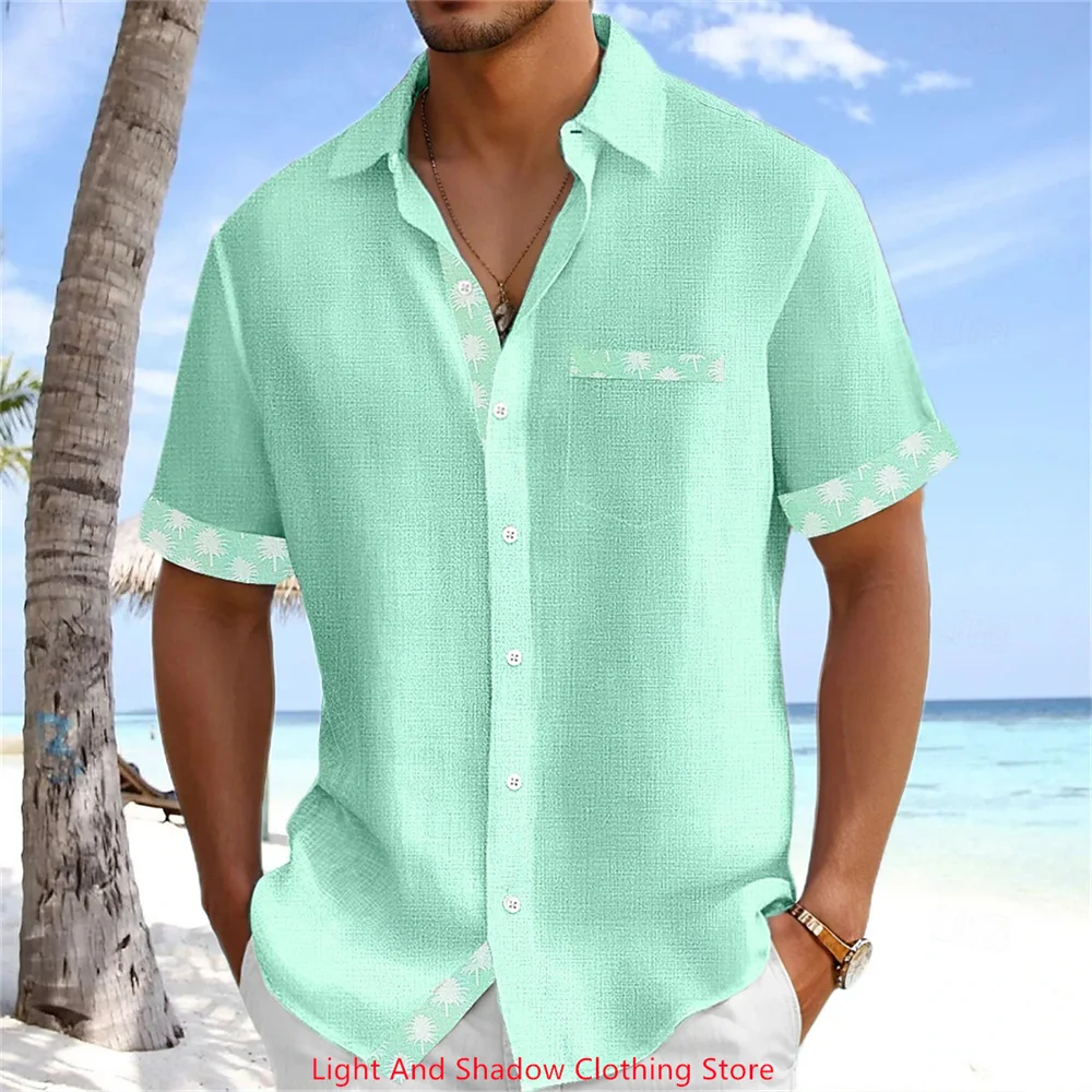 Men's New Linen Short Sleeved Shirt Fashionable Hawaiian Vacation Casual Men's Patchwork Printed Pocket Lapel Button Shirt