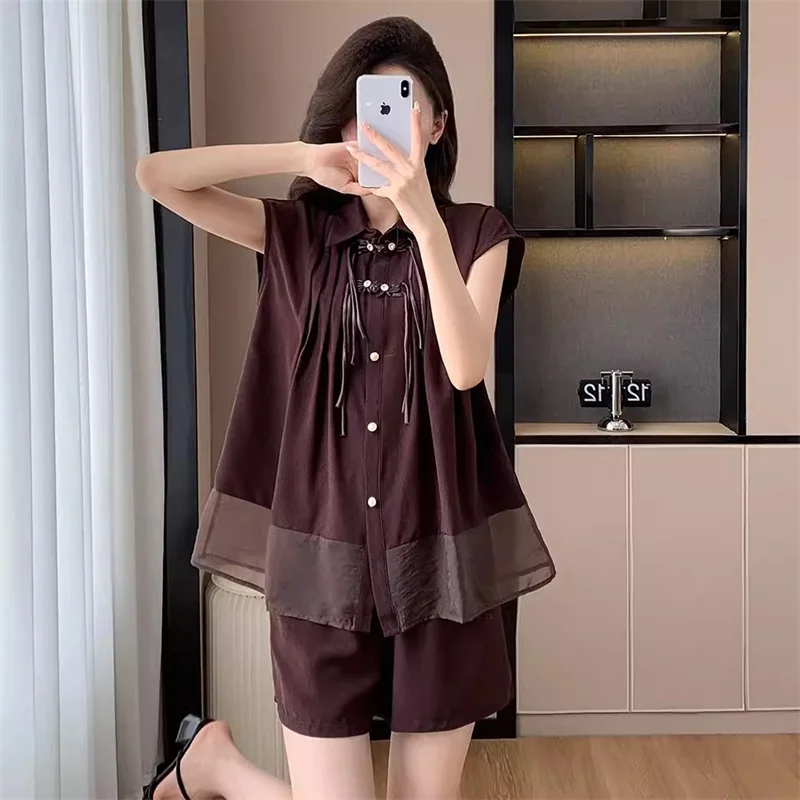 Loose Casual Chinese Style Set for Summer Paired With a Complete Set of Jacquard Retro Button up Shirt and Shorts Two-piece Set