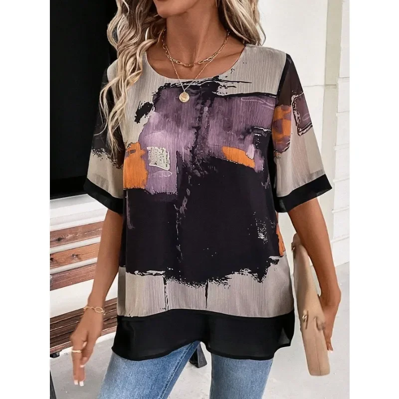 

Plus Size 1XL-5XL Women's Summer Fashionable Round Neck Tie Dye Printed Loose and Comfortable Casual Shirt