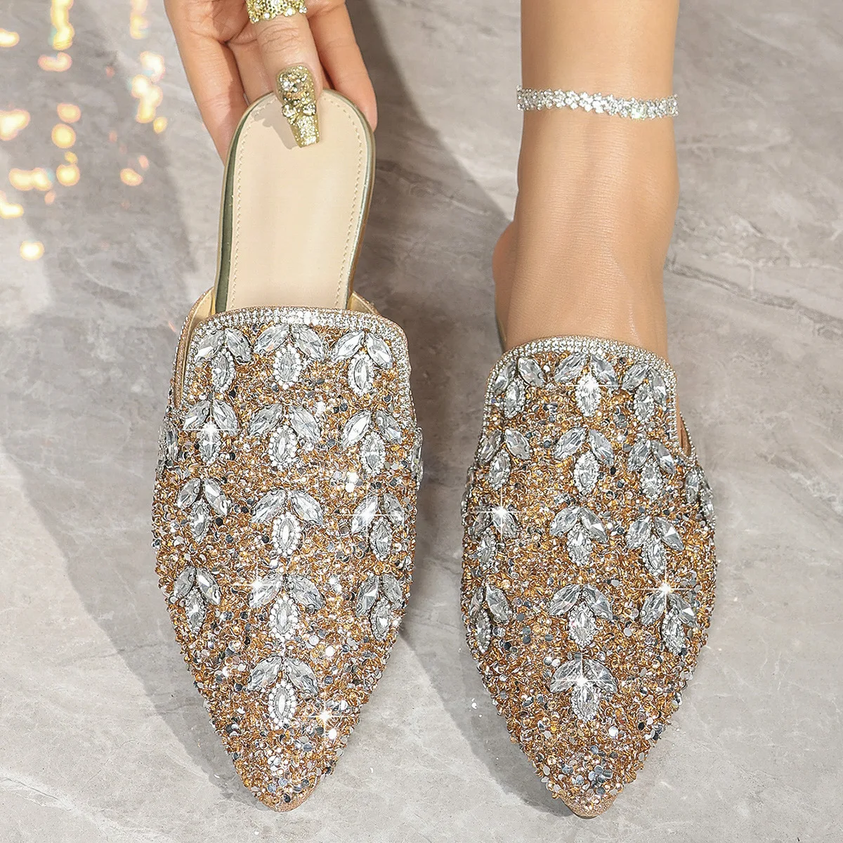 Women's Head-covering Half-Soled Rhinestones Slippers, 2026 Fashionable New Style Crystal-cover Flat Ladies' Flip-flops Shoes