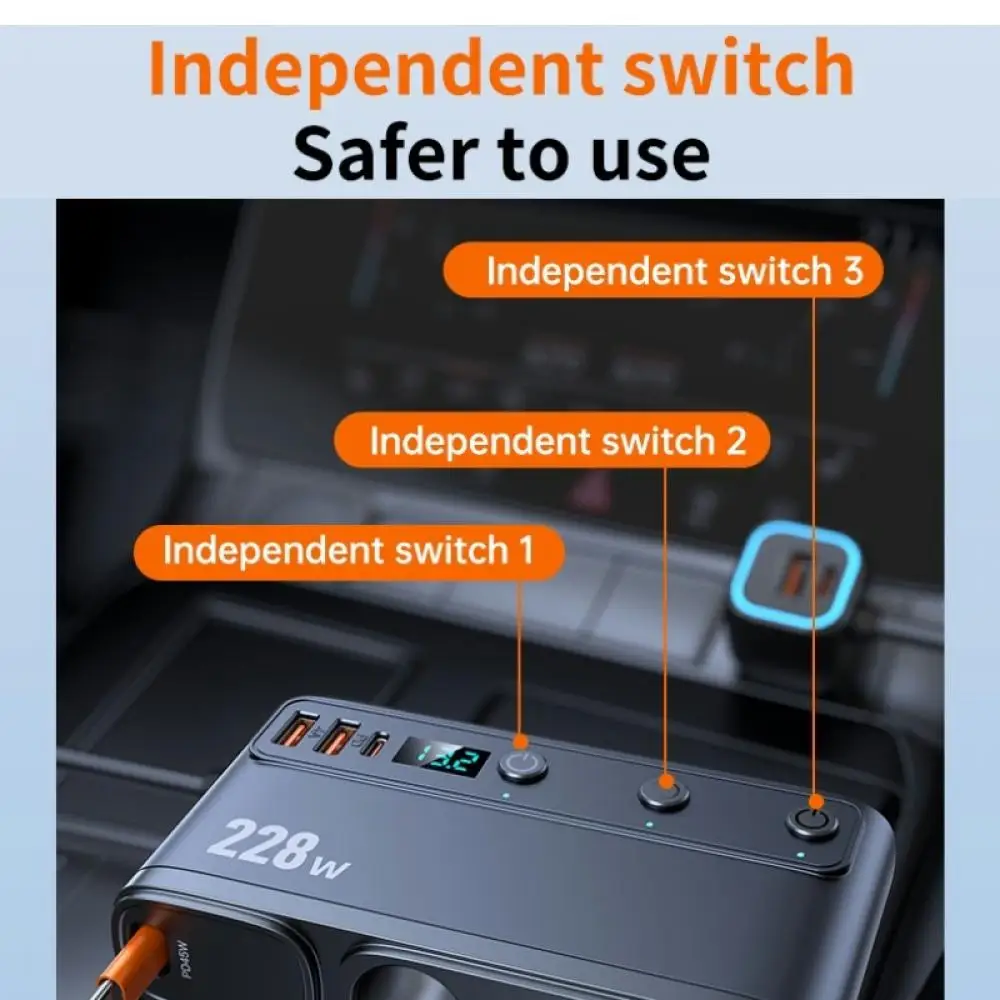228W 9 in 1 Car Charger Adapter Charge Independent Switches PD36W/45W QC3.0 18W 3 Socket Cigarette Lighter Splitter with Voltage
