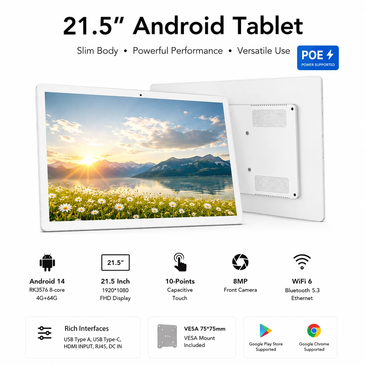21.5" 8-core CPU Android 14 Tablet with Wall Mount, RJ45 POE HDMI Input Touch Screen Display, Big Screen Smart Home Controller