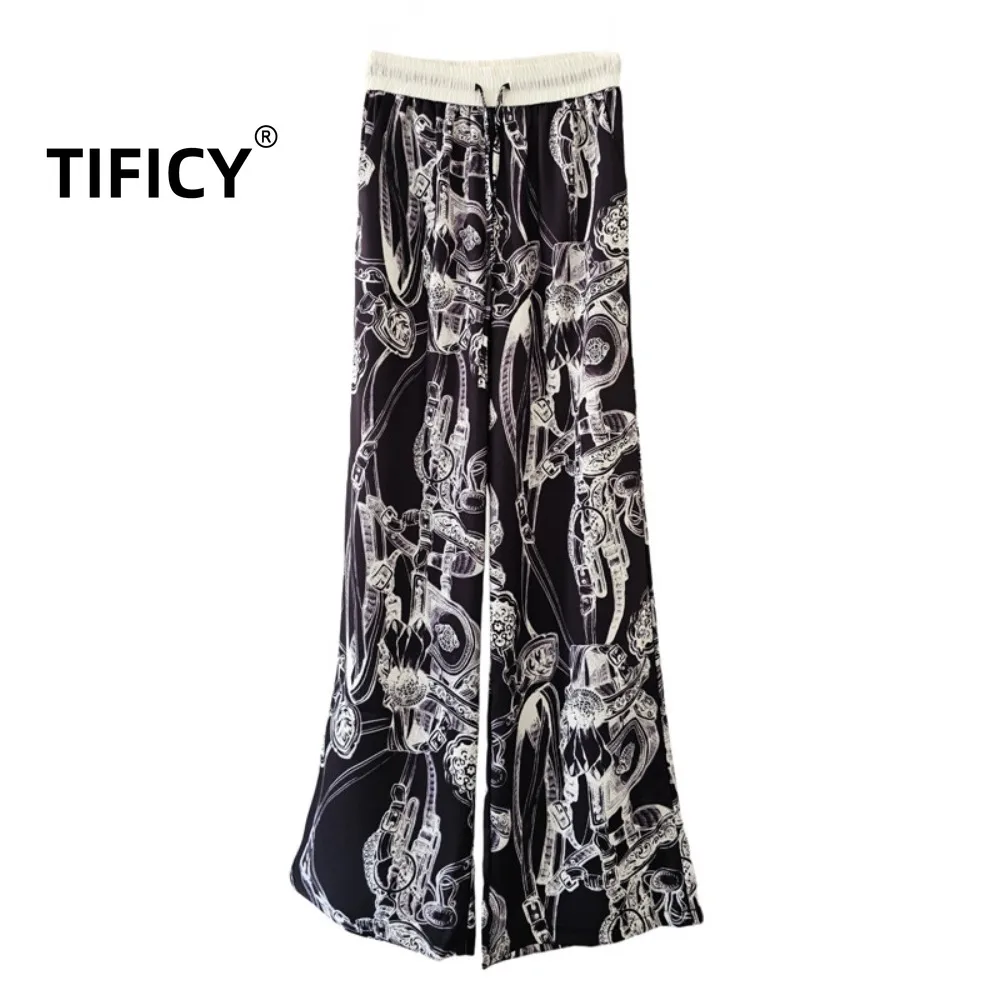 

High Street Light Luxury Printed Draping Floor Length Pants Women Elastic Waistband Loose Fit Slimming and Wide Leg Pants