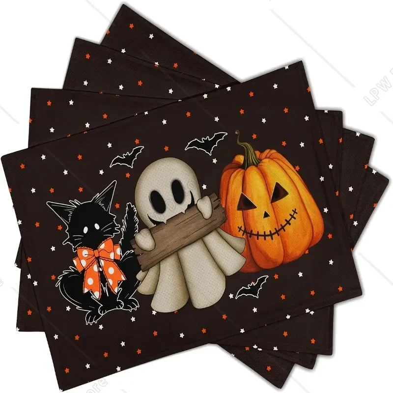 

4/6Pcs Halloween Themed Placemat Ghost Pumpkin Black Cat and Bat Patterns Table Mats Heat-resistant Bowl Coffee Pads Mats