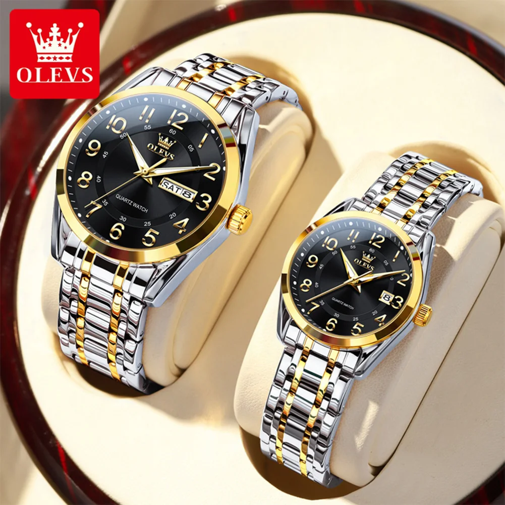 OLEVS Top Brand Luxury Couple Watches Stainless Steel Original Quartz Watch for Lover Waterproof Luminous Date Week Wristwatch