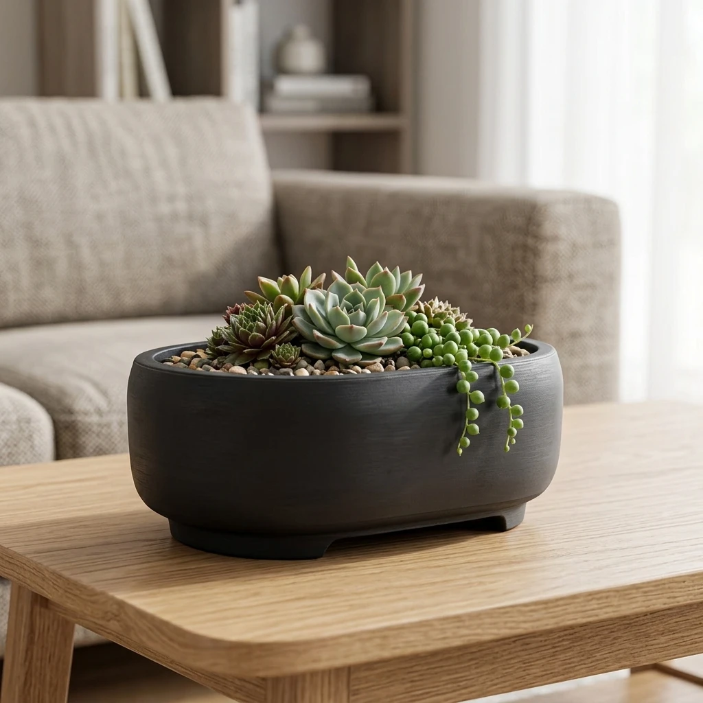 Oval Ceramic Plant Pot for Indoor-Greenery and Succulents High-Temperature Fired Clay with Drainage Hole Smooth Glazed Surface
